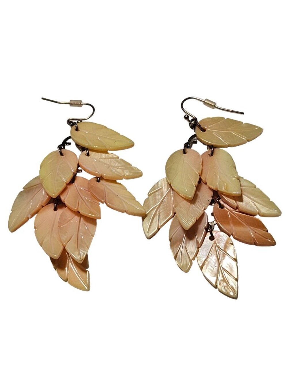 Vintage Carved Shell Leaf Cluster Dangle Earrings Cascading Boho Cottagecore